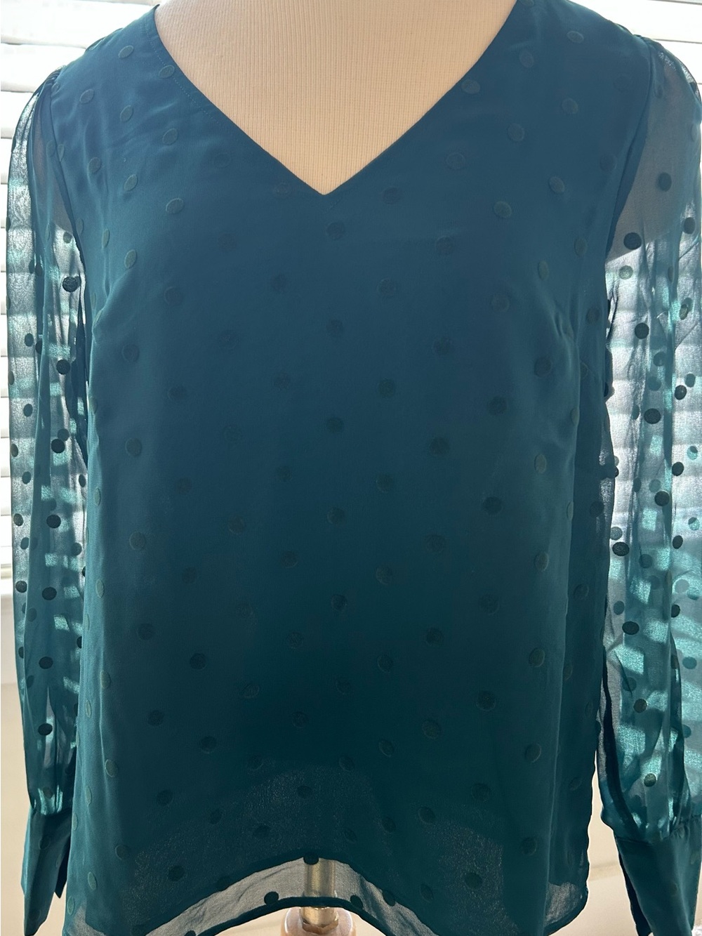 J Crew Sheer Emerald  Color Polka Dot Blouse. NWT’s Size Medium.